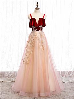 Picture of Cute Straps Velvet and Tulle Long Party Dresses, A-line Evening Gown